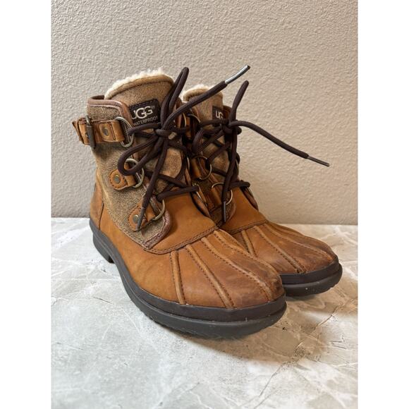 UGG Shoes - UGG Cecile Women's 1007999 Brown Waterproof Leather Ankle Duck Boots Size US 5.5